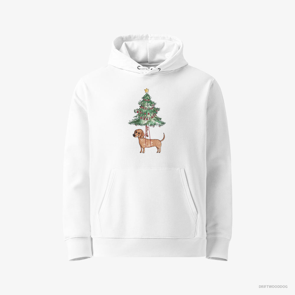 Dachshund Hoodie – Women White Hoodie Eco-Friendly – Hanging from the Christmas Tree (on White Background)