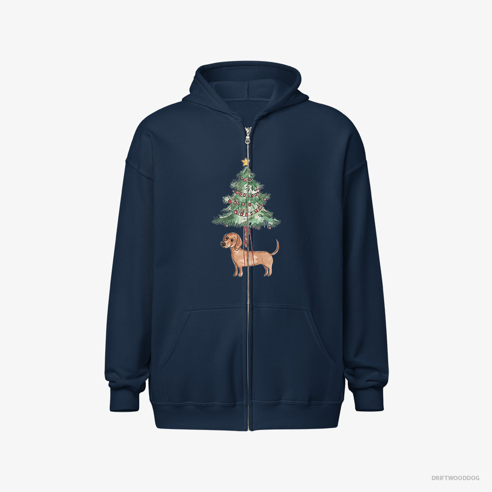 Dachshund Hoodie – Men Navy Hoodie Full-Zip – Hanging from the Christmas Tree (on White Background)