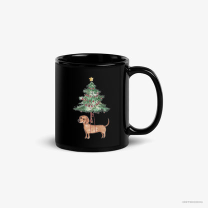 Dachshund Mug – Unisex Black Mug Classic – Hanging from the Christmas Tree (on White Background)