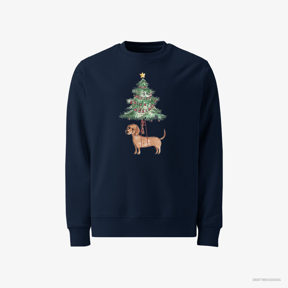 Dachshund Sweatshirt – Men Navy Sweatshirt Classic – Hanging from the Christmas Tree (on White Background)