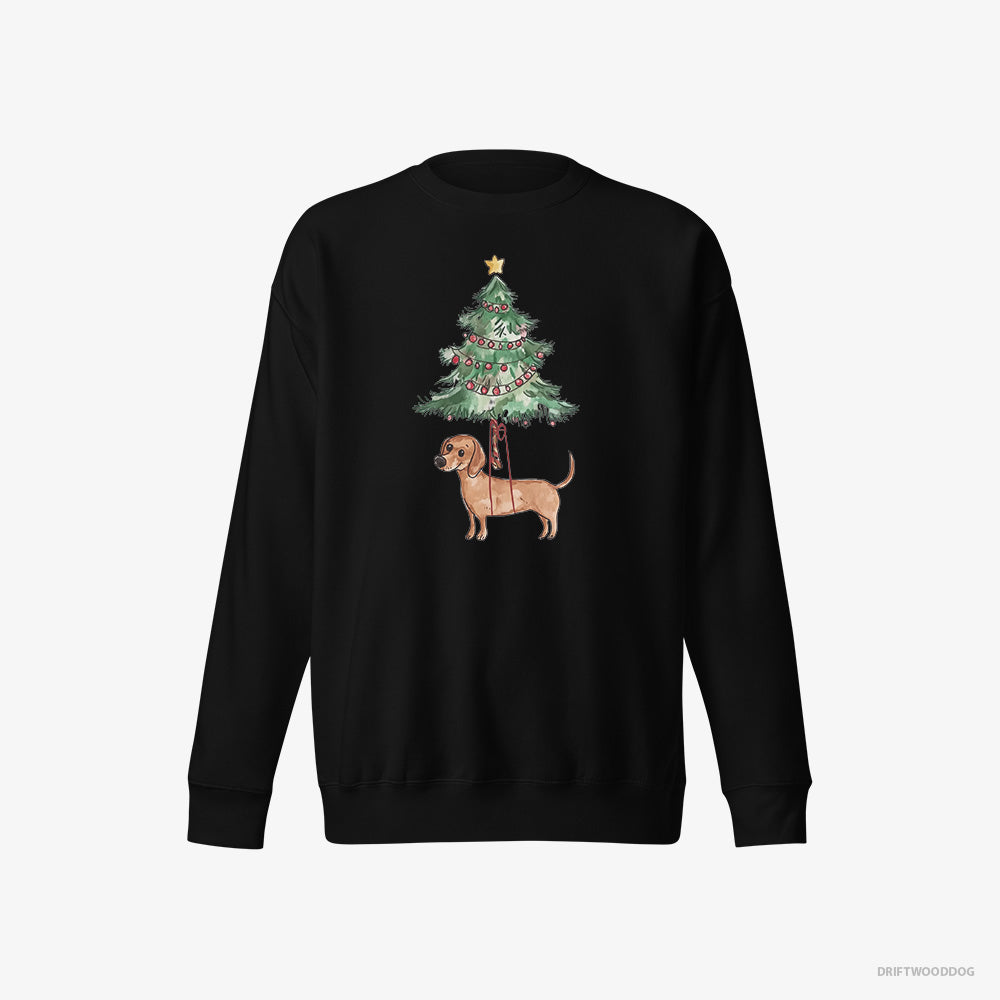 Dachshund Sweatshirt – Men Black Sweatshirt Eco-Friendly – Hanging from the Christmas Tree (on White Background)