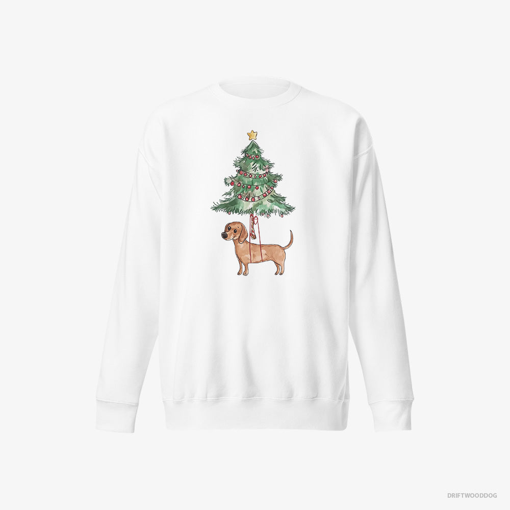 Dachshund Sweatshirt – Women White Sweatshirt Eco-Friendly – Hanging from the Christmas Tree (on White Background)