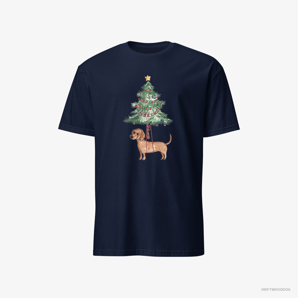 Dachshund T-Shirt – Men Navy T-Shirt Classic – Hanging from the Christmas Tree (on White Background)