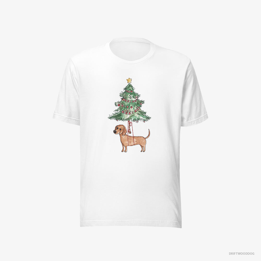 Dachshund T-Shirt – Women White T-Shirt Eco-Friendly – Hanging from the Christmas Tree (on White Background)