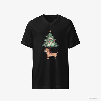 Dachshund T-Shirt – Men Black T-Shirt V-Neck – Hanging from the Christmas Tree (on White Background)