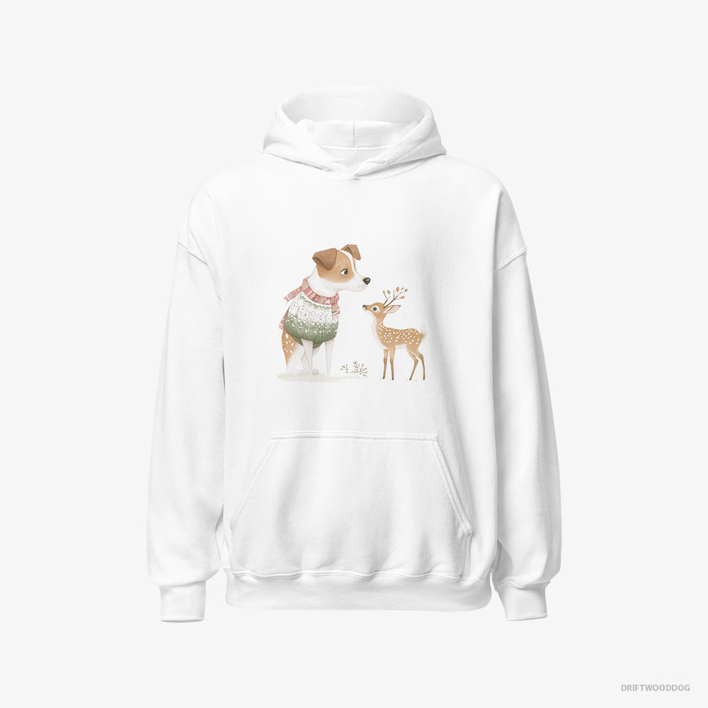 Jack Russell Terrier Hoodie – Men White Hoodie Classic – and a Baby Reindeer (on White Background)