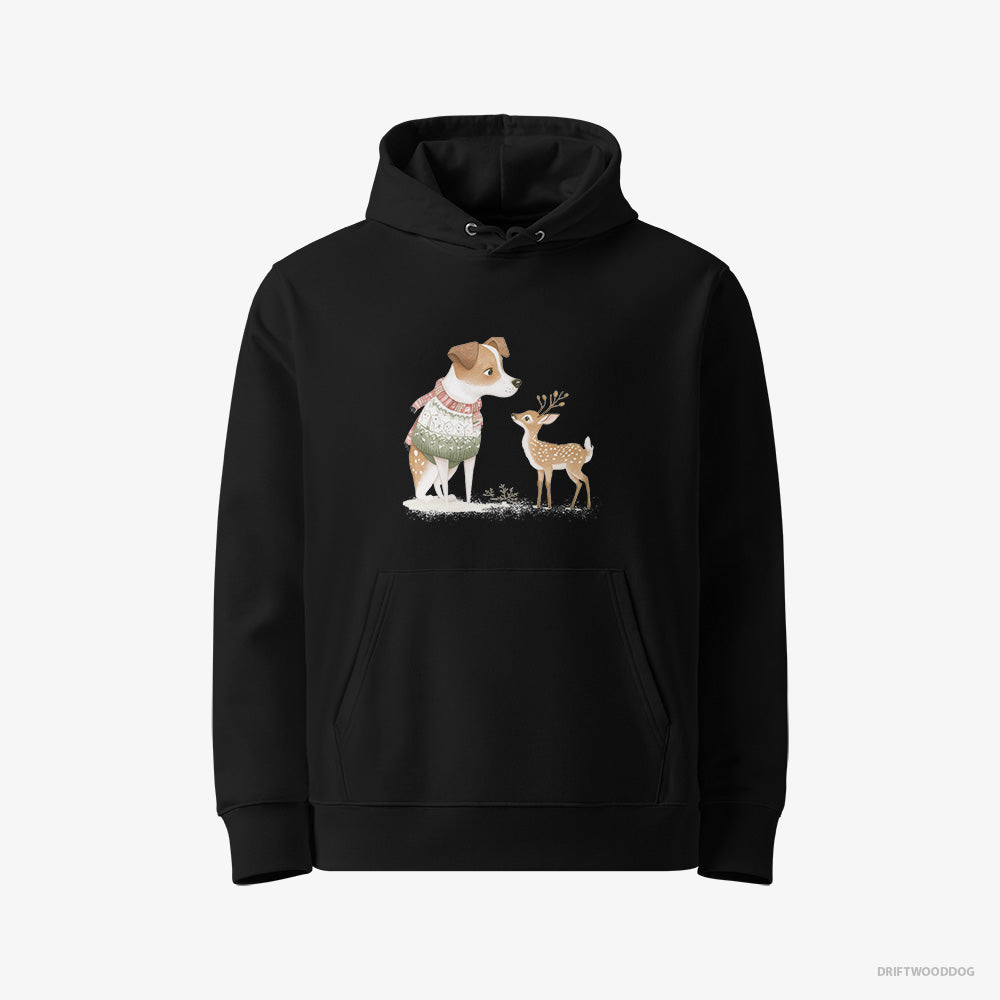 Jack Russell Terrier Hoodie – Men Black Hoodie Eco-Friendly – and a Baby Reindeer (on White Background)