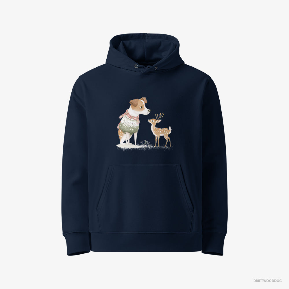 Jack Russell Terrier Hoodie – Women Navy Hoodie Eco-Friendly – and a Baby Reindeer (on White Background)