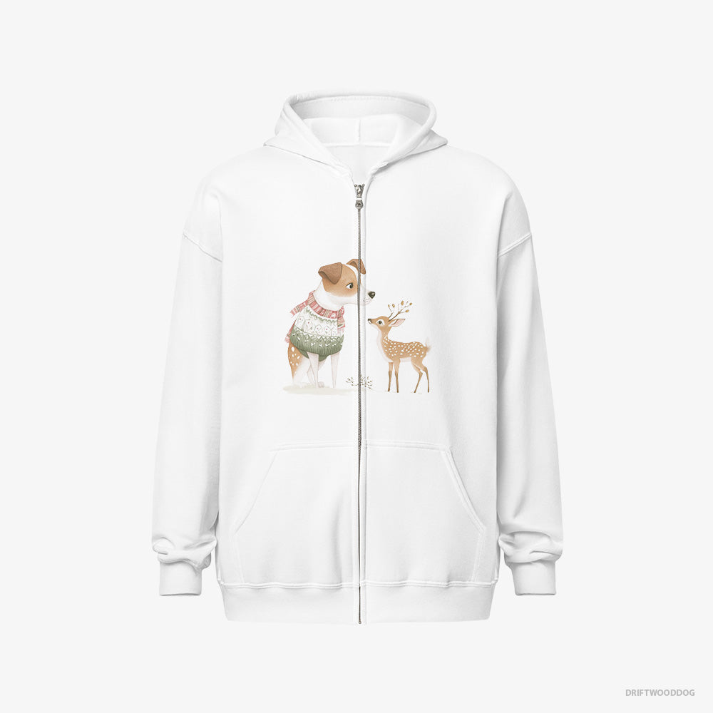 Jack Russell Terrier Hoodie – Men White Hoodie Full-Zip – and a Baby Reindeer (on White Background)