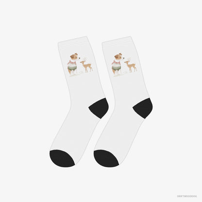 Jack Russell Terrier Socks – Unisex White Socks Classic – and a Baby Reindeer (on White Background)