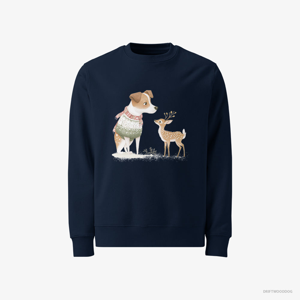 Jack Russell Terrier Sweatshirt – Men Navy Sweatshirt Classic – and a Baby Reindeer (on White Background)