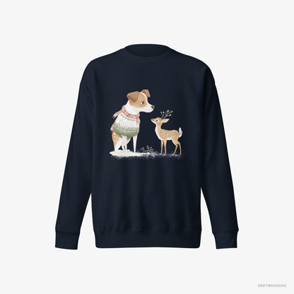 Jack Russell Terrier Sweatshirt – Men Navy Sweatshirt Eco-Friendly – and a Baby Reindeer (on White Background)