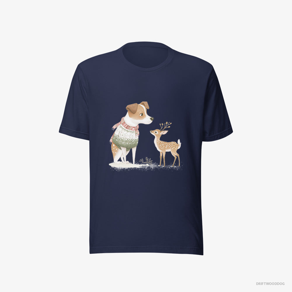 Jack Russell Terrier T-Shirt – Women Navy T-Shirt Eco-Friendly – and a Baby Reindeer (on White Background)