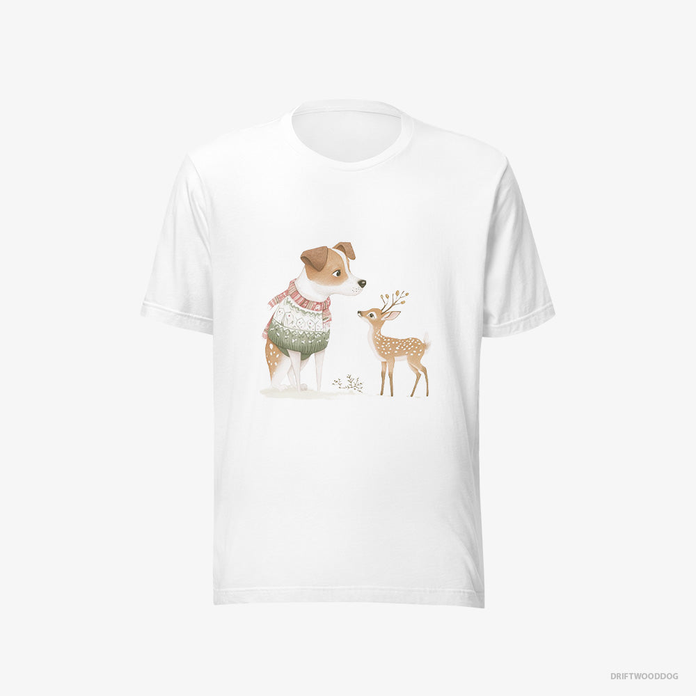 Jack Russell Terrier T-Shirt – Women White T-Shirt Eco-Friendly – and a Baby Reindeer (on White Background)