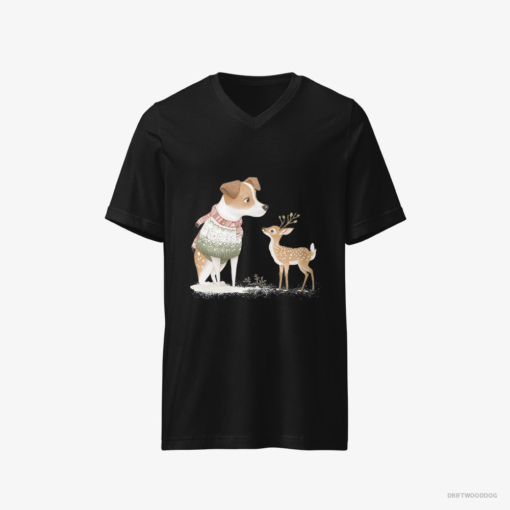 Jack Russell Terrier T-Shirt – Men Black T-Shirt V-Neck – and a Baby Reindeer (on White Background)