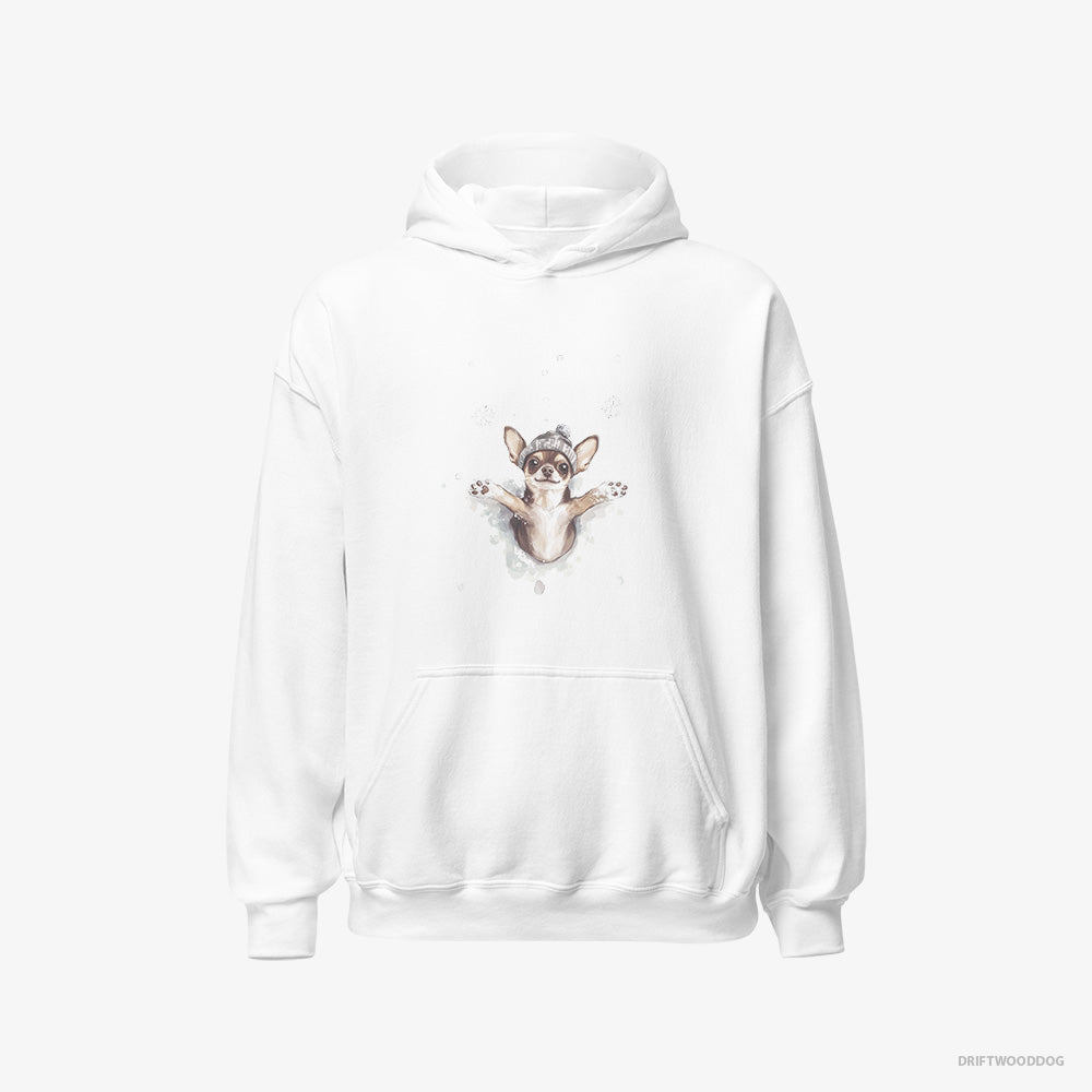 Chihuahua Hoodie – Men White Hoodie Classic – Having Fun in the Snow (on White Background)