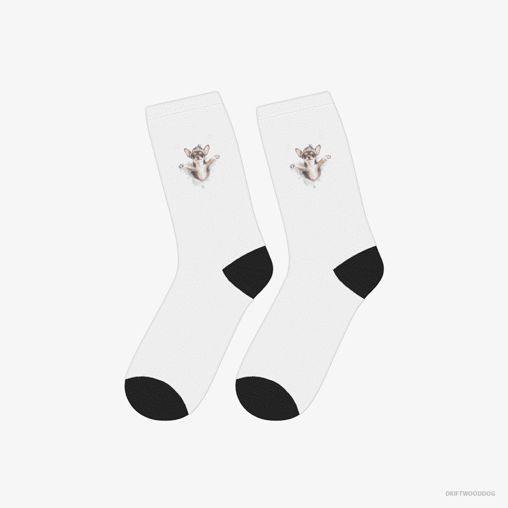 Chihuahua Socks – Unisex White Socks Classic – Having Fun in the Snow (on White Background)