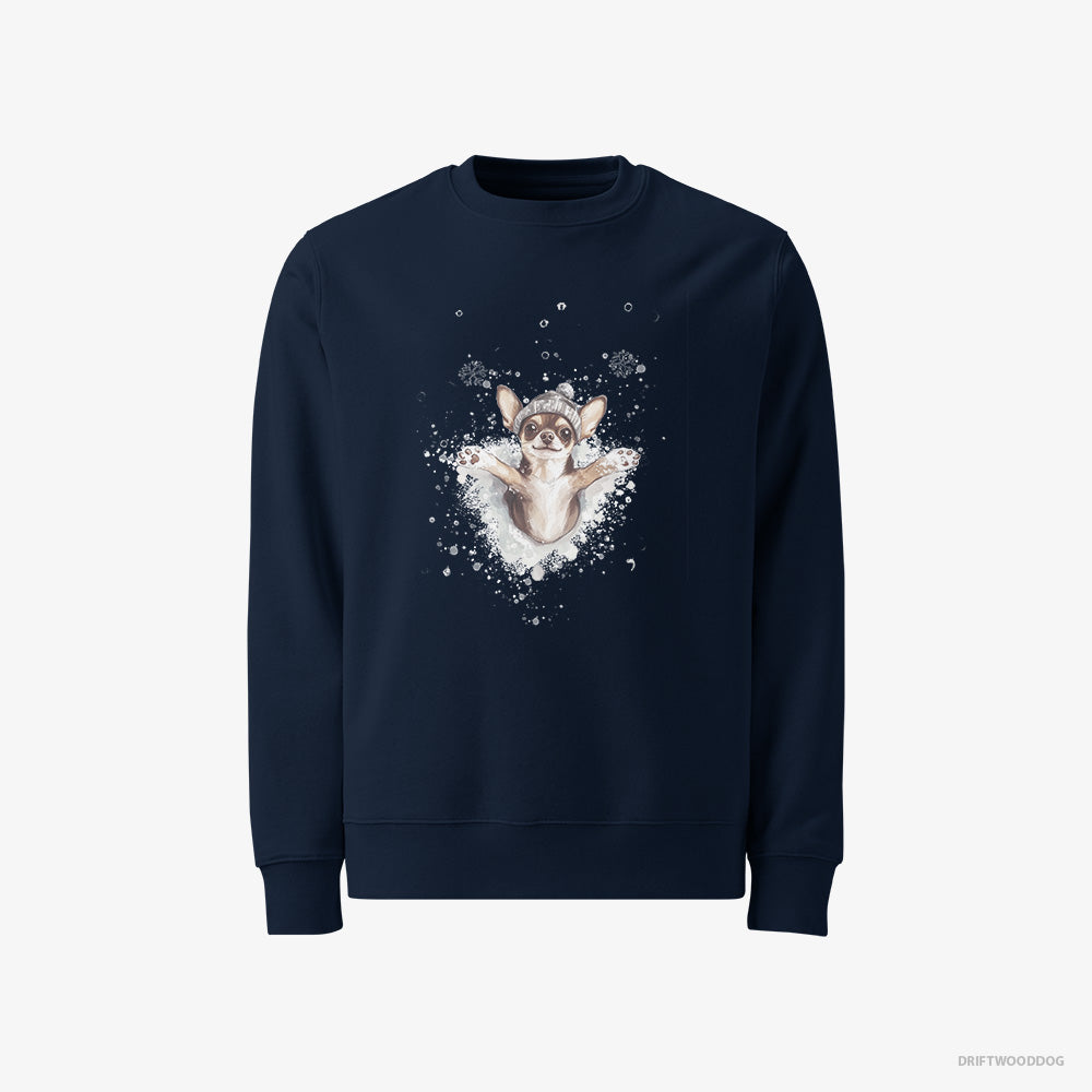 Chihuahua Sweatshirt – Men Navy Sweatshirt Classic – Having Fun in the Snow (on White Background)