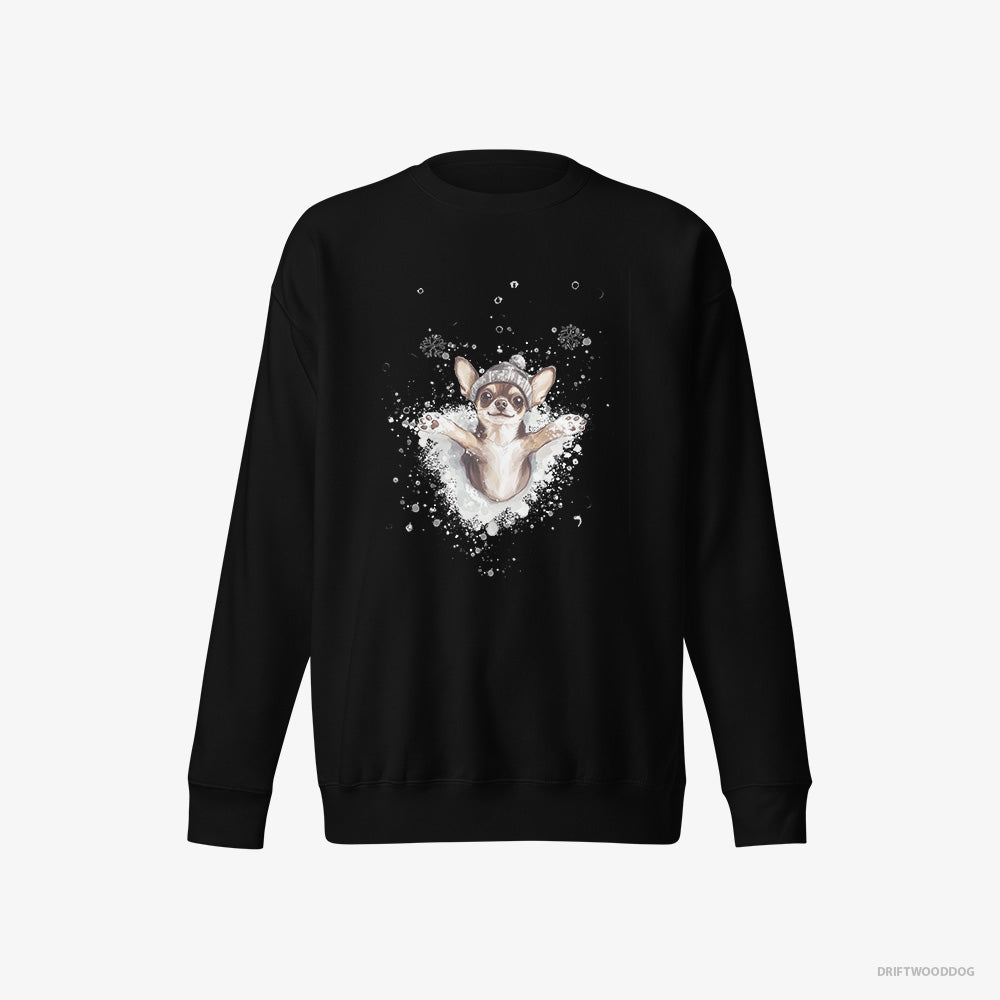 Chihuahua Sweatshirt – Men Black Sweatshirt Eco-Friendly – Having Fun in the Snow (on White Background)