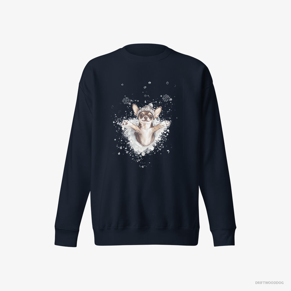 Chihuahua Sweatshirt – Men Navy Sweatshirt Eco-Friendly – Having Fun in the Snow (on White Background)