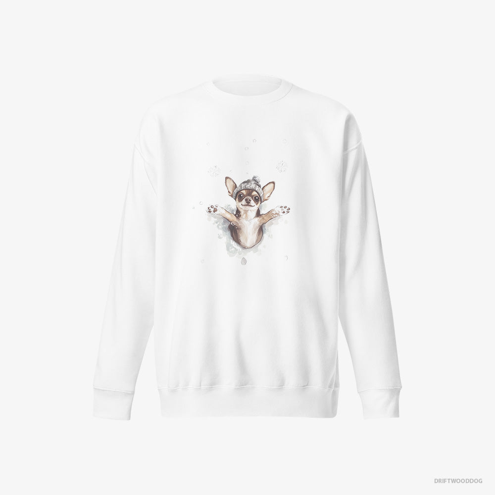 Chihuahua Sweatshirt – Men White Sweatshirt Eco-Friendly – Having Fun in the Snow (on White Background)