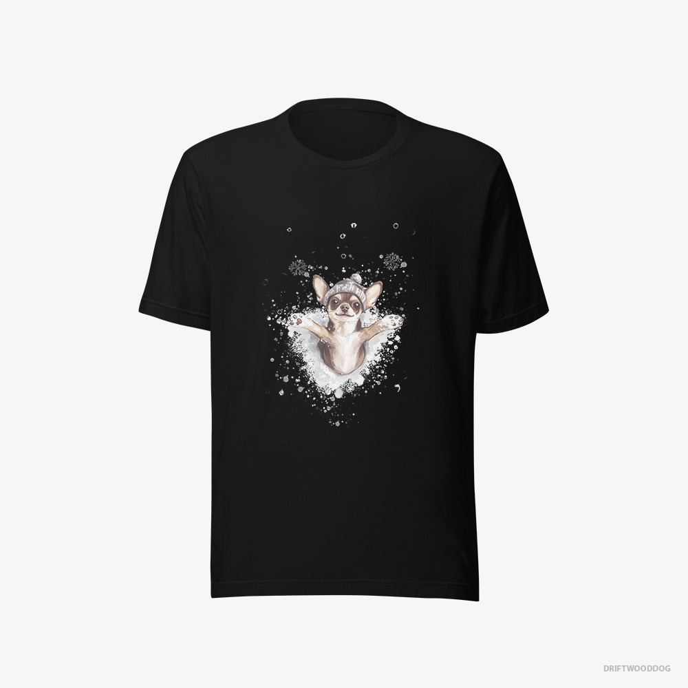 Chihuahua T-Shirt – Men Black T-Shirt Eco-Friendly – Having Fun in the Snow (on White Background)