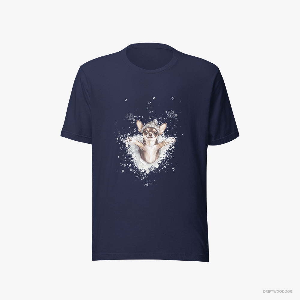 Chihuahua T-Shirt – Men Navy T-Shirt Eco-Friendly – Having Fun in the Snow (on White Background)