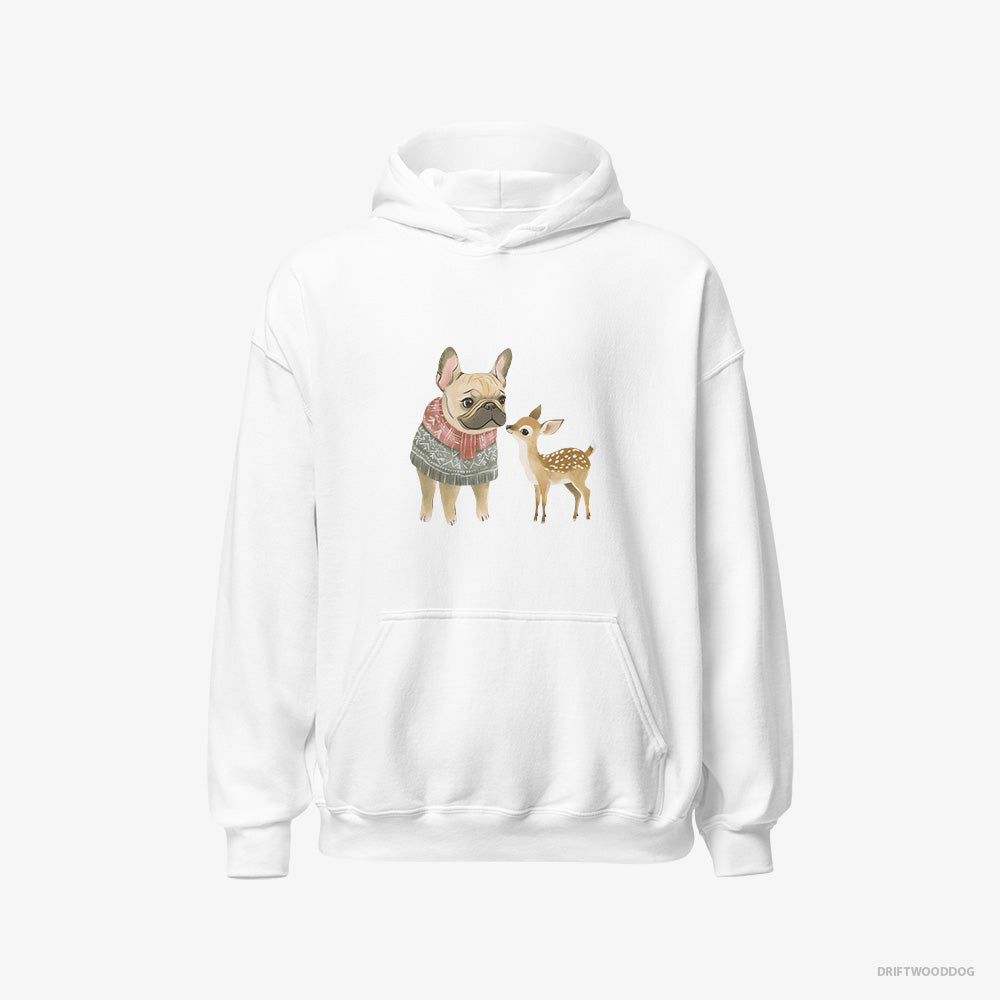 French Bulldog Hoodie – Women White Hoodie Classic – and a Little Reindeer (on White Background)