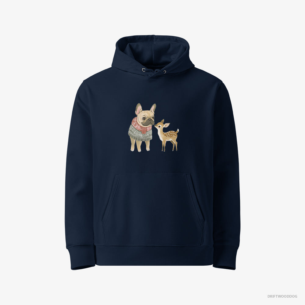 French Bulldog Hoodie – Women Navy Hoodie Eco-Friendly – and a Little Reindeer (on White Background)