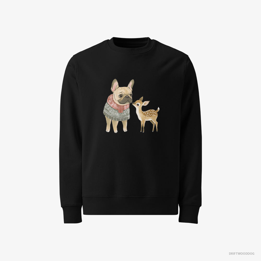 French Bulldog Sweatshirt – Men Black Sweatshirt Classic – and a Little Reindeer (on White Background)