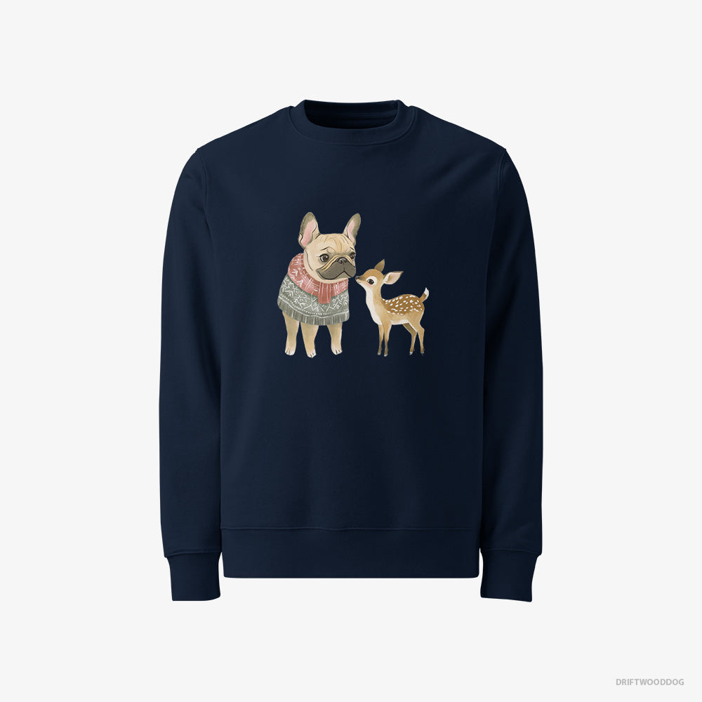 French Bulldog Sweatshirt – Men Navy Sweatshirt Classic – and a Little Reindeer (on White Background)