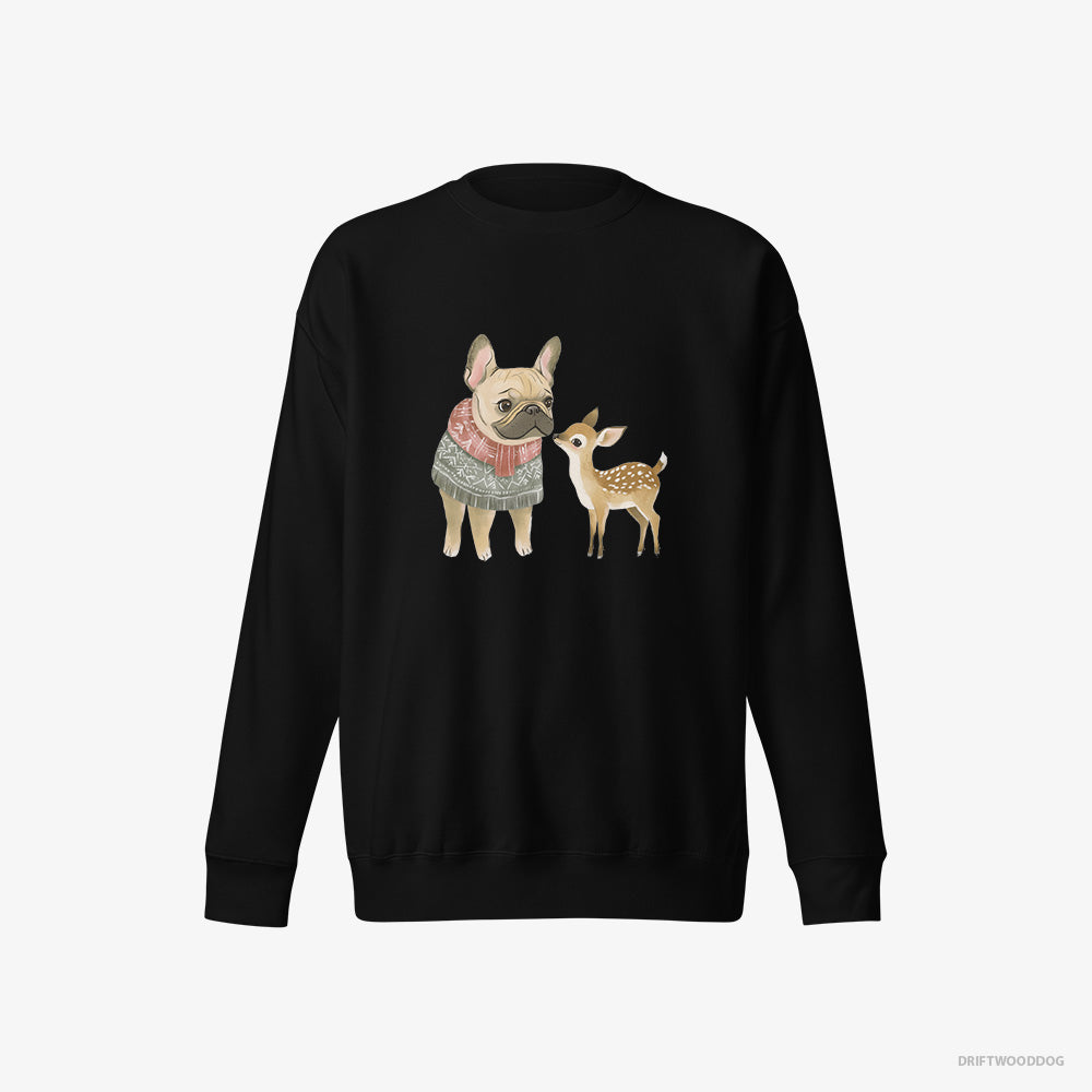 French Bulldog Sweatshirt – Women Black Sweatshirt Eco-Friendly – and a Little Reindeer (on White Background)