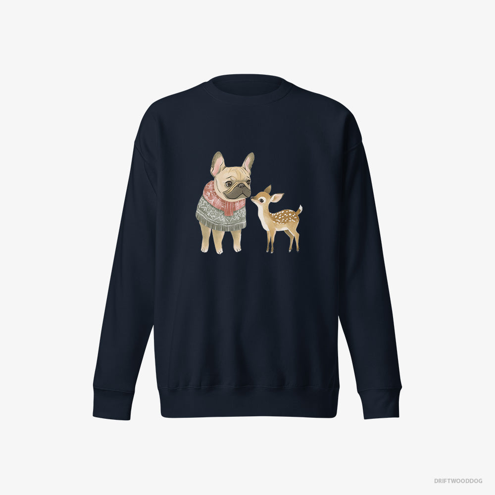 French Bulldog Sweatshirt – Women Navy Sweatshirt Eco-Friendly – and a Little Reindeer (on White Background)