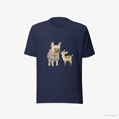 French Bulldog T-Shirt – Men Navy T-Shirt Eco-Friendly – and a Little Reindeer (on White Background)