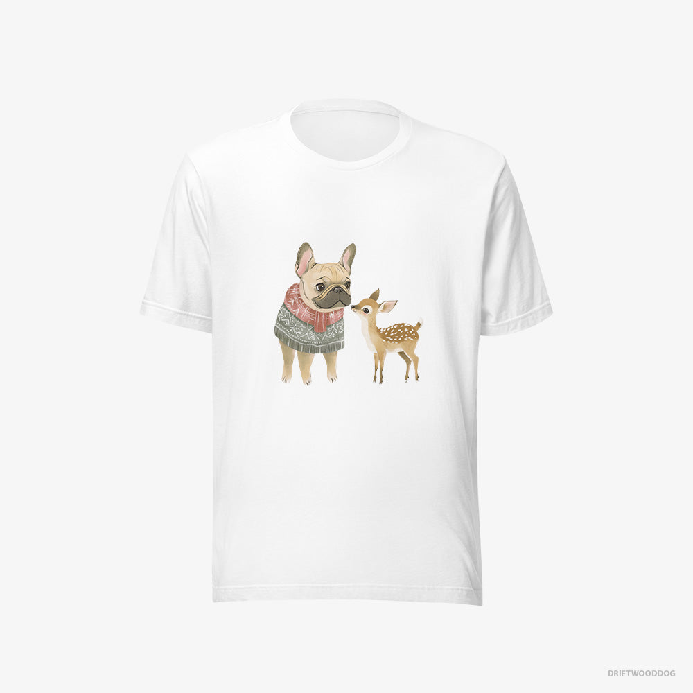 French Bulldog T-Shirt – Women White T-Shirt Eco-Friendly – and a Little Reindeer (on White Background)