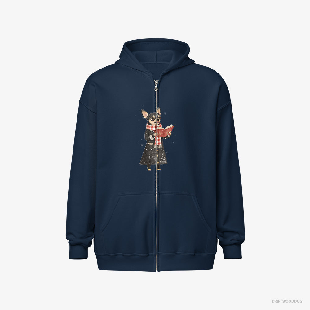 Chihuahua Hoodie – Men Navy Hoodie Full-Zip – Spreading Holiday Cheer with Christmas Carols (on White Background)