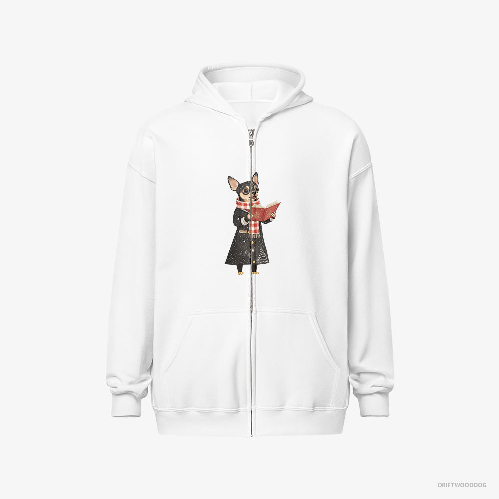 Chihuahua Hoodie – Men White Hoodie Full-Zip – Spreading Holiday Cheer with Christmas Carols (on White Background)