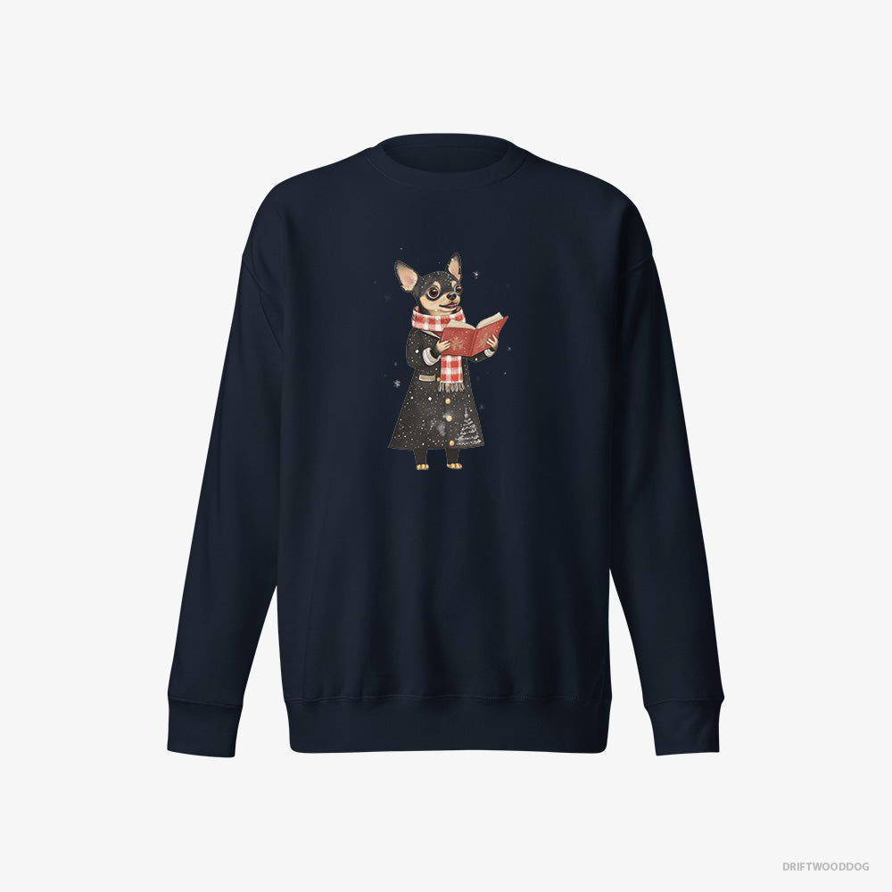 Chihuahua Sweatshirt – Women Navy Sweatshirt Eco-Friendly – Spreading Holiday Cheer with Christmas Carols (on White Background)