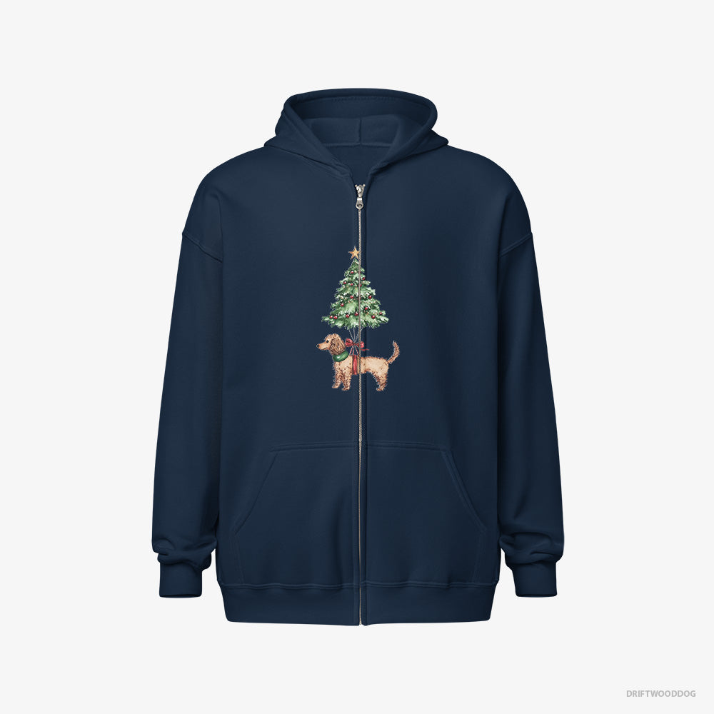 Poodle Hoodie – Men Navy Hoodie Full-Zip – Attached to the Christmas Tree (on White Background)