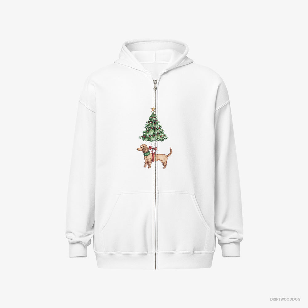 Poodle Hoodie – Men White Hoodie Full-Zip – Attached to the Christmas Tree (on White Background)