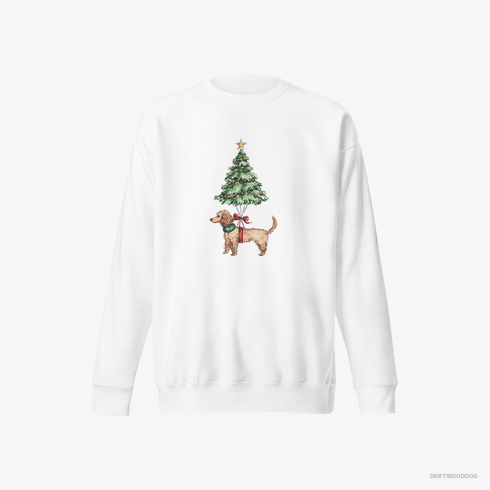 Poodle Sweatshirt – Men White Sweatshirt Eco-Friendly – Attached to the Christmas Tree (on White Background)