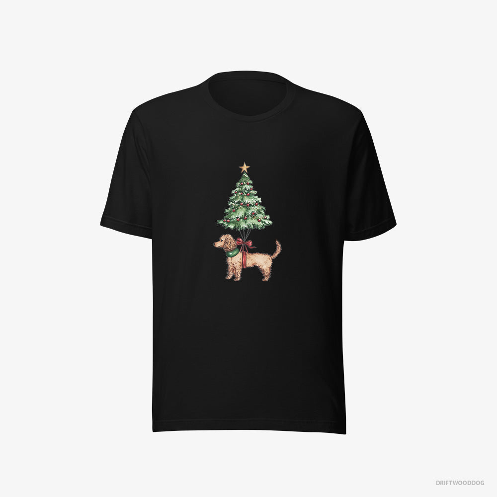 Poodle T-Shirt – Women Black T-Shirt Eco-Friendly – Attached to the Christmas Tree (on White Background)