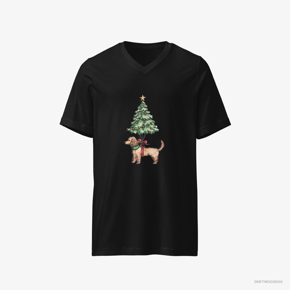 Poodle T-Shirt – Men Black T-Shirt V-Neck – Attached to the Christmas Tree (on White Background)