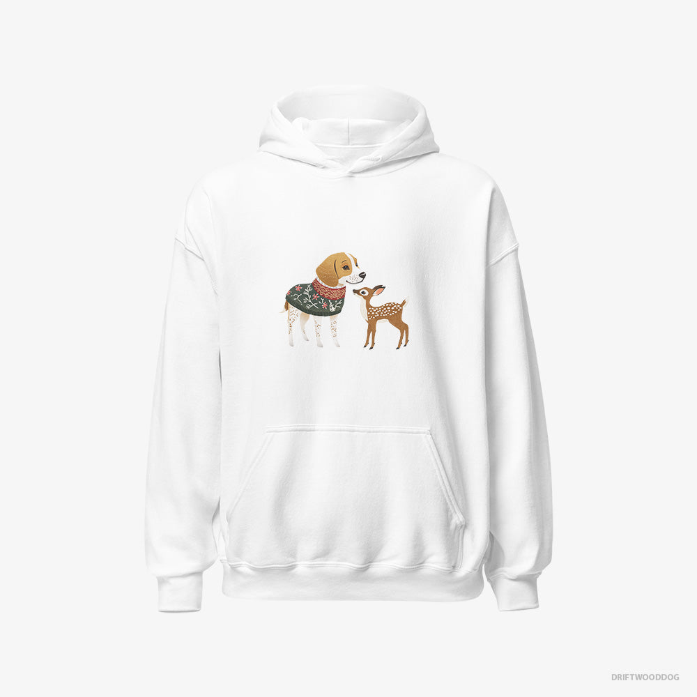 Beagle Hoodie – Men White Hoodie Classic – Meeting a Fawn (on White Background)