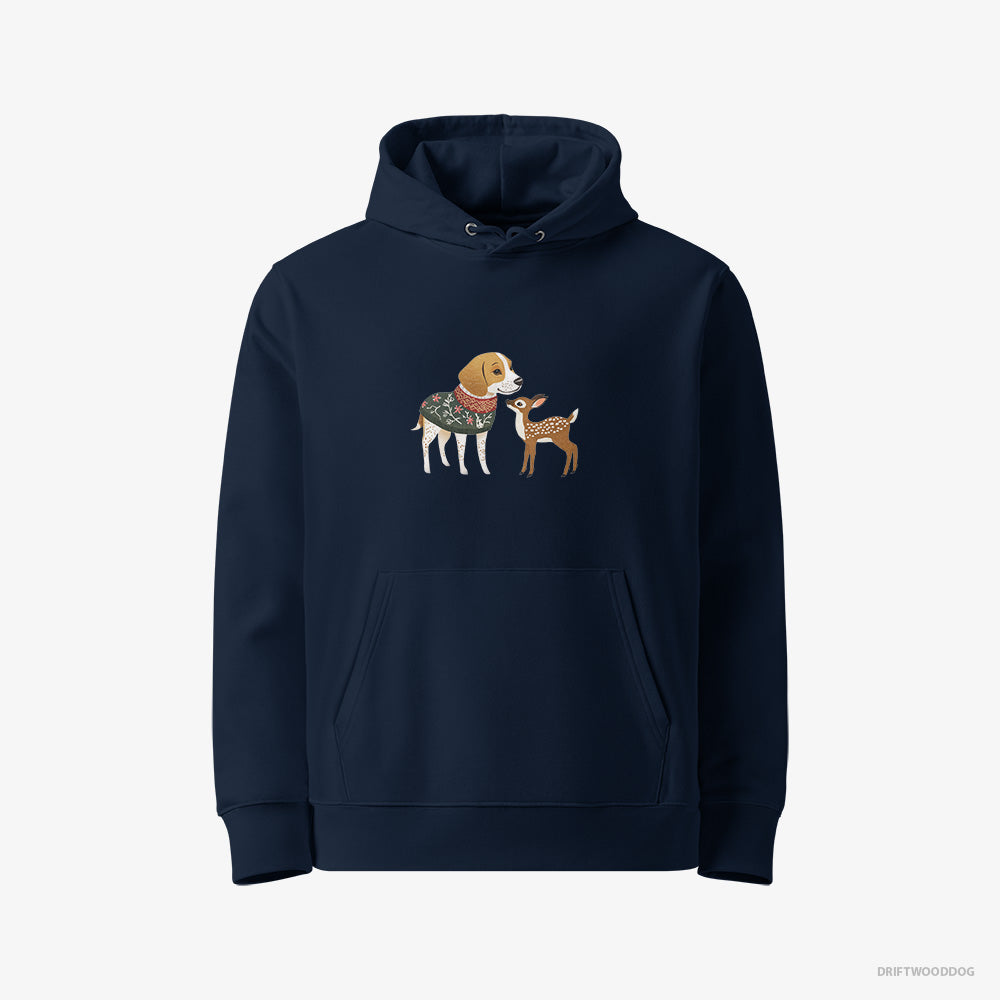 Beagle Hoodie – Women Navy Hoodie Eco-Friendly – Meeting a Fawn (on White Background)