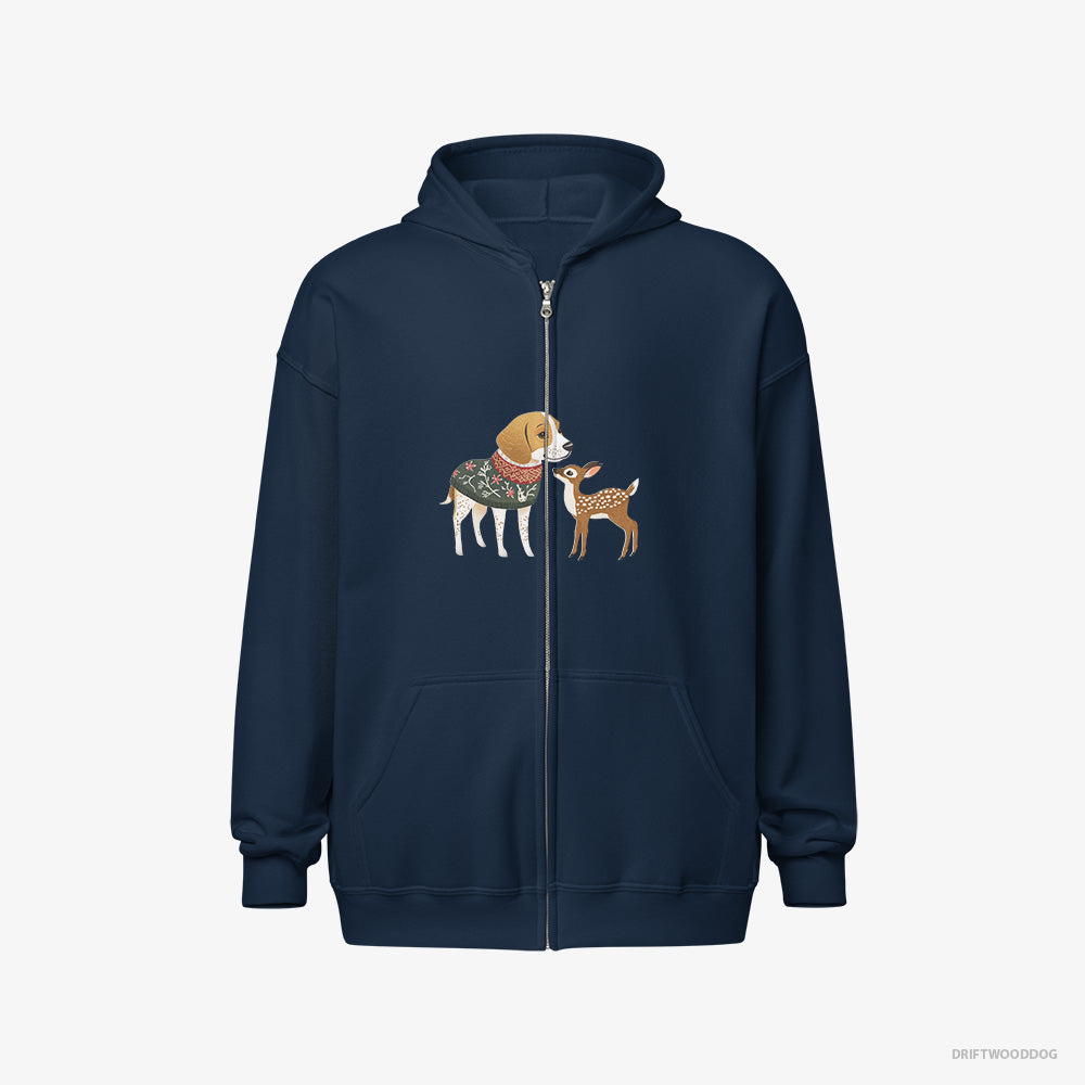 Beagle Hoodie – Men Navy Hoodie Full-Zip – Meeting a Fawn (on White Background)