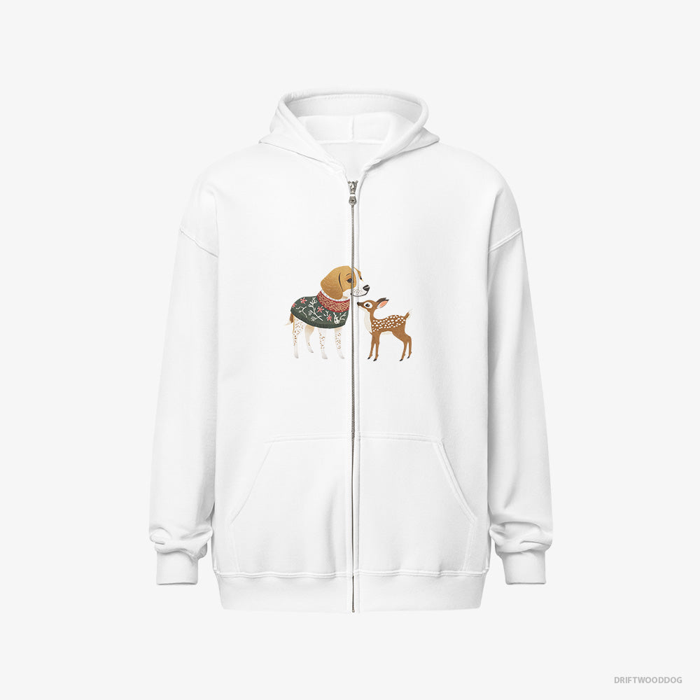 Beagle Hoodie – Women White Hoodie Full-Zip – Meeting a Fawn (on White Background)