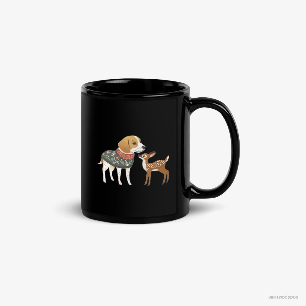 Beagle Mug – Unisex Black Mug Classic – Meeting a Fawn (on White Background)