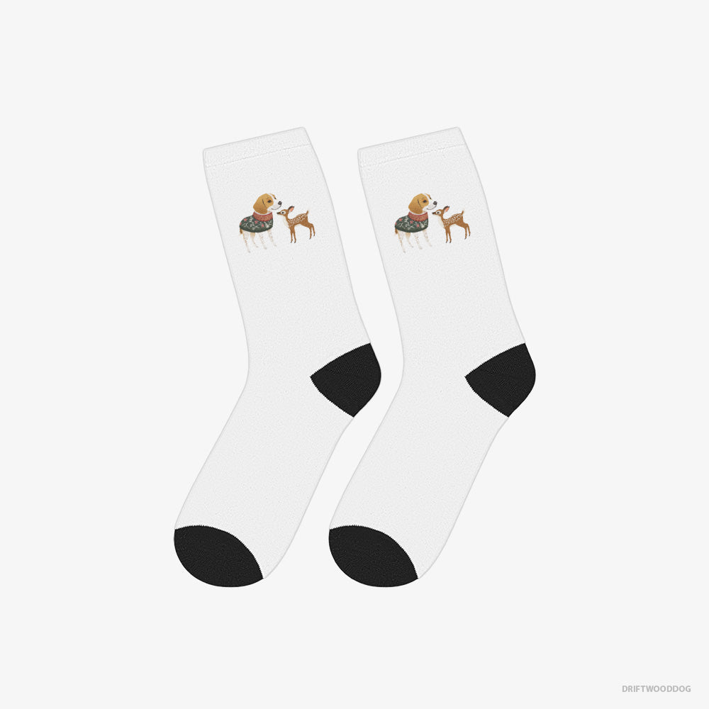 Beagle Socks – Unisex White Socks Classic – Meeting a Fawn (on White Background)