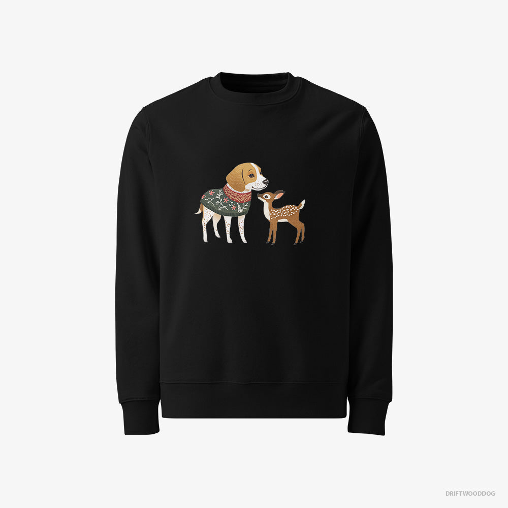 Beagle Sweatshirt – Men Black Sweatshirt Classic – Meeting a Fawn (on White Background)